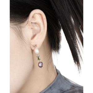 Asymmetric S925 silver earrings with baroque pearls and colorful gemstone tassels