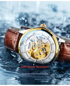 Waterproof skeleton automatic watch for men with leather strap and golden movement detail
