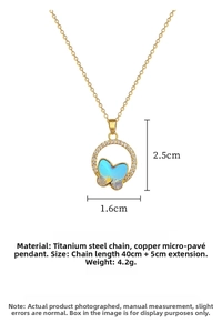 Detail view of colorful butterfly pendant with sparkling crystals and size dimensions