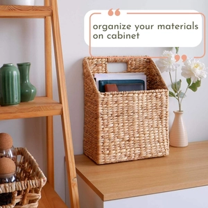 Handwoven rattan wall basket for magazines and files, natural seagrass hanging organizer