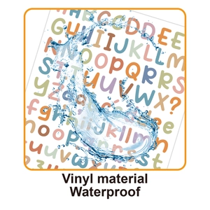 Macro view of waterproof vinyl alphabet stickers showing water splashing on the surface