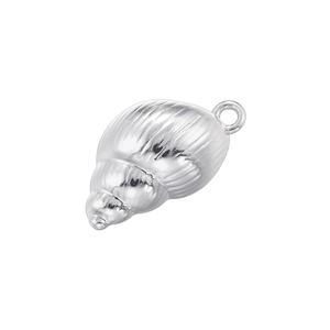 Detailed view of a silver conch shell pendant with smooth metallic texture and vertical ridges