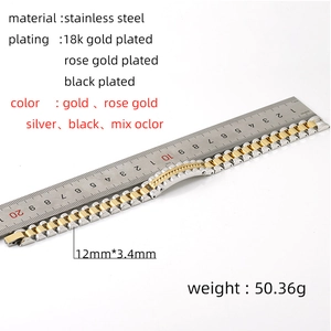 Detailed view of bicolor stainless steel watch band with measurement and specs