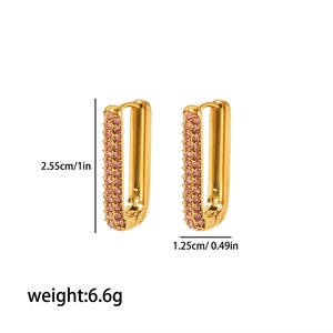 18K gold plated stainless steel U-shaped earrings with pink crystals in a geometric design