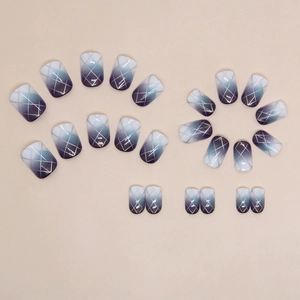 Short square press-on nails set with blue-purple gradient and silver lattice patterns
