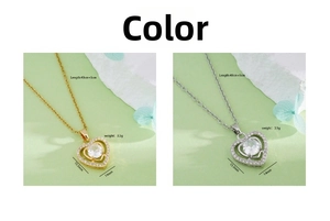 Detail of gold and silver heart necklaces with cubic zirconia inlays and dimensions