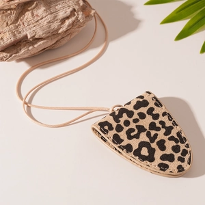 Detail of leopard print triangle magnetic glasses bag necklace with beige lanyard strap