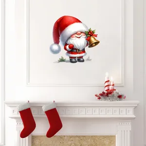 Festive 3D Christmas gnome wall sticker with golden bell on a white interior wall