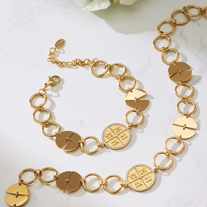 PVD gold plated stainless steel jewelry set featuring coin pendants and link chains