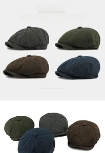Detailed view of newsboy caps in four colors featuring classic herringbone wool fabric texture