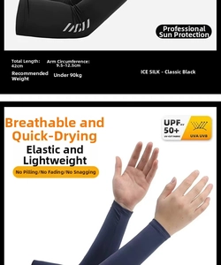 Detailed size chart for cooling ice silk arm sleeves featuring UPF 50 plus protection