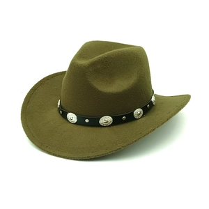 Detail of vintage wool cowboy hat with leather band and embossed silver conchos