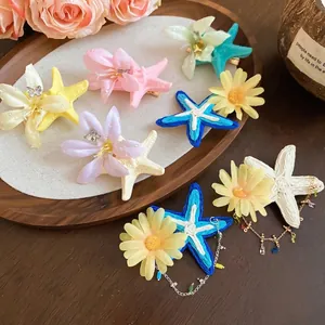 Starfish Flower Hair Clips Raffia Fabric Alloy Beads Coastal Beach Vacation Style Sweet Handmade Accessories For Women