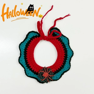 Close-up of handmade crochet Halloween pet collar with red spider and black web details