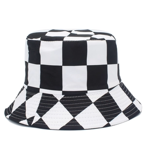 Unisex black and white checkerboard bucket hat made of durable canvas material