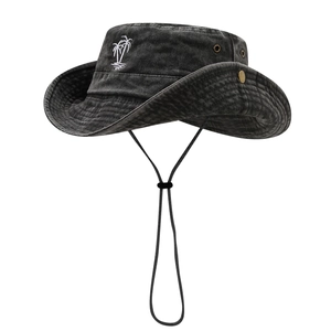Washed cotton wide brim bucket hat with coconut tree embroidery and windproof cord