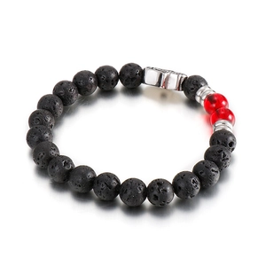 Lava stone bead bracelet for men with red accent beads and silver metal spacers
