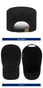Detail view of adjustable metal buckle and stitching on black quick-dry flat top cap