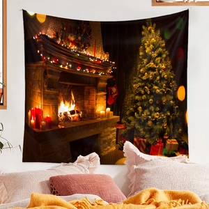 Detail of Christmas tree tapestry showing warm fireplace scene with festive decor on wall
