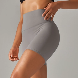 Detailed side view showing high-waisted design and seamless fit of gym yoga shorts