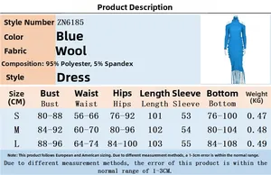 Tableau des tailles pour robe en maille bleue avec mesures de buste et hanches