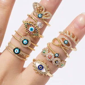 Evil Eye Open Ring Copper Gold Plated Micro Pave Zircon Colorful Enamel Adjustable Finger Jewelry Bohemian Style For Women