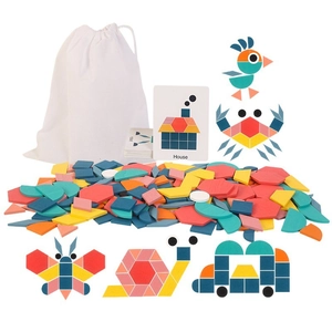 180-piece wooden geometric puzzle set for kids with pattern cards and storage bag