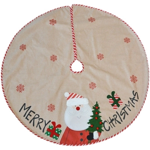 Linen Christmas tree skirt with Santa Claus motif and red striped decorative border
