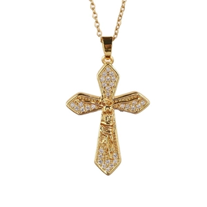 Collana con croce punk vintage oro con zirconi e ciondolo con rilievo di Gesù