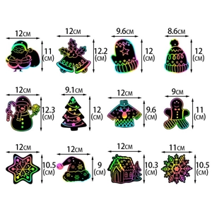 Set of 12 Christmas scratch art ornaments in rainbow colors with size details