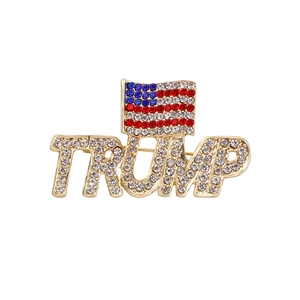 Golden American flag brooch with TRUMP letters and red blue white rhinestones