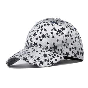 Silver baseball cap with black star patterns and metallic finish for sun protection