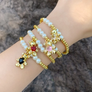 Beaded Bracelet With Heart Teddy Bear Pendant Copper Gold Plated Zircon Artificial Pearl Fashion Jewelry For Women
