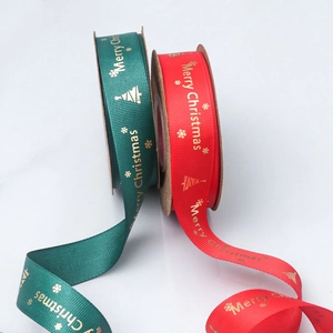 Nastro natalizio stampato in oro grosgrain per confezione regalo materiale vista dettaglio