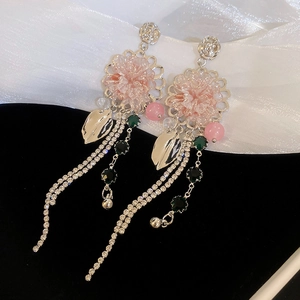 Elegant Pink Flower Leaf Tassel Earrings With Rhinestone Crystal Alloy Silver Earring Post For Women Vintage Style