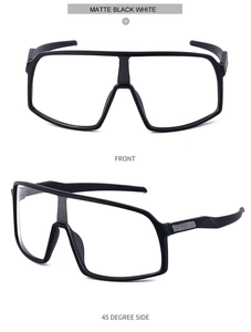 Front and 45-degree side views of matte black sports sunglasses with wide frames