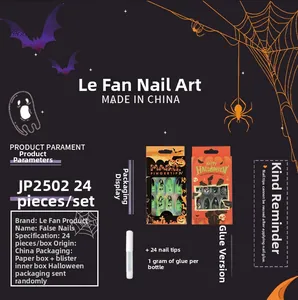 Detailed view of Halloween themed press-on nails with cartoon spider and zombie designs