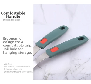 Detail of dark green ergonomic handle with orange non-slip grip and hanging hole design