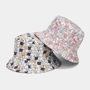 Reversible bucket hat with cartoon cat animal print for sun protection outdoor wear