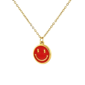 Golden stainless steel O-chain necklace featuring a vibrant red enamel smiley face pendant