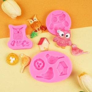 Pink silicone owl bird nest molds for fondant cake and chocolate crafting displays