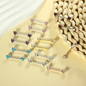 Fashionable heart-shaped zircon nipple rings in 7 assorted colors displayed on a beige background