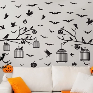 Halloween Wall Stickers PVC Self-Adhesive Scary Bat Pumpkin Crow Birdcage Decals For Home Party Decoration