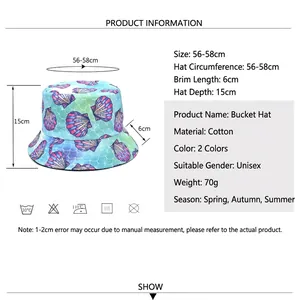 Reversible cotton bucket hat featuring ocean shell patterns and sizing specifications