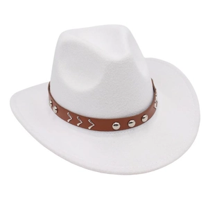 Top view of white cowboy hat with brown leather band and silver rivet accents