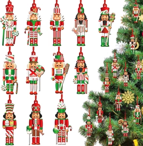 Detailed view of various wooden nutcracker ornaments hanging on a green Christmas tree