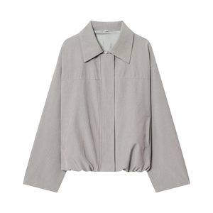 Women's grey pinstripe bomber jacket with lapel collar and zip-up front set