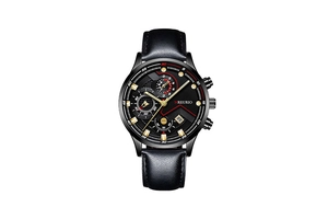 Detail view of MREURIO black leather quartz watch with chronographs and date display