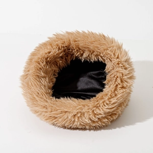 Plush faux fur bucket hat in camel brown with warm black satin lining for women