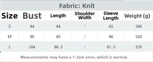 Size chart for off-shoulder knitted sweater with bust and sleeve length measurements